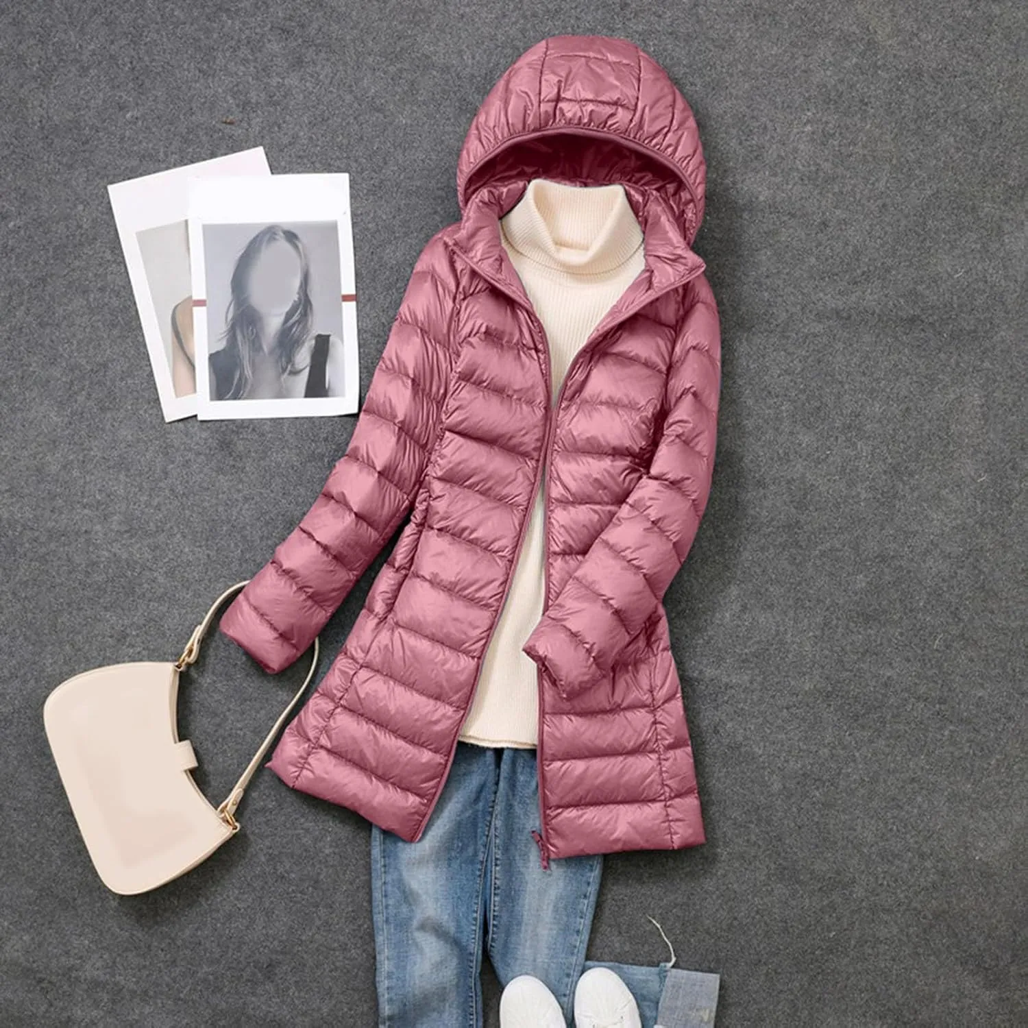 Womens Puffer Coat Lightweight Long Down Jacket Winter Warm Packable Hooded Jacket Short Duck Down Coat Outwear