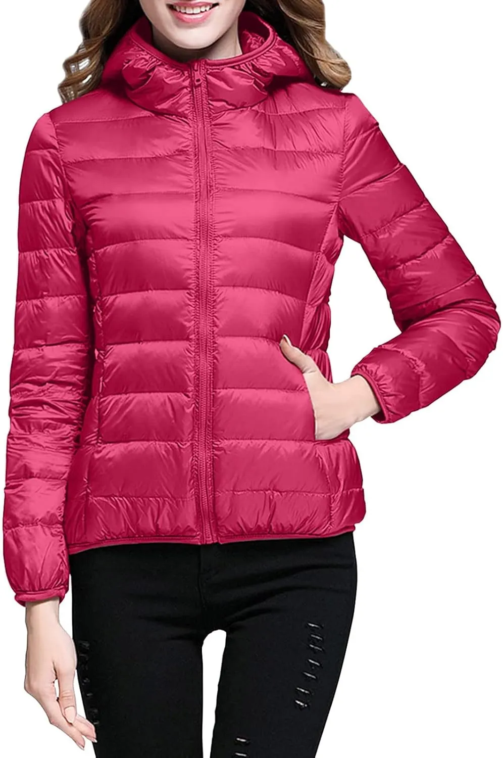 Womens Puffer Coat Winter Warm Packable Hooded Down Jacket Lightweight Slim Fit Hooded Outwear Short Duck Down Coat