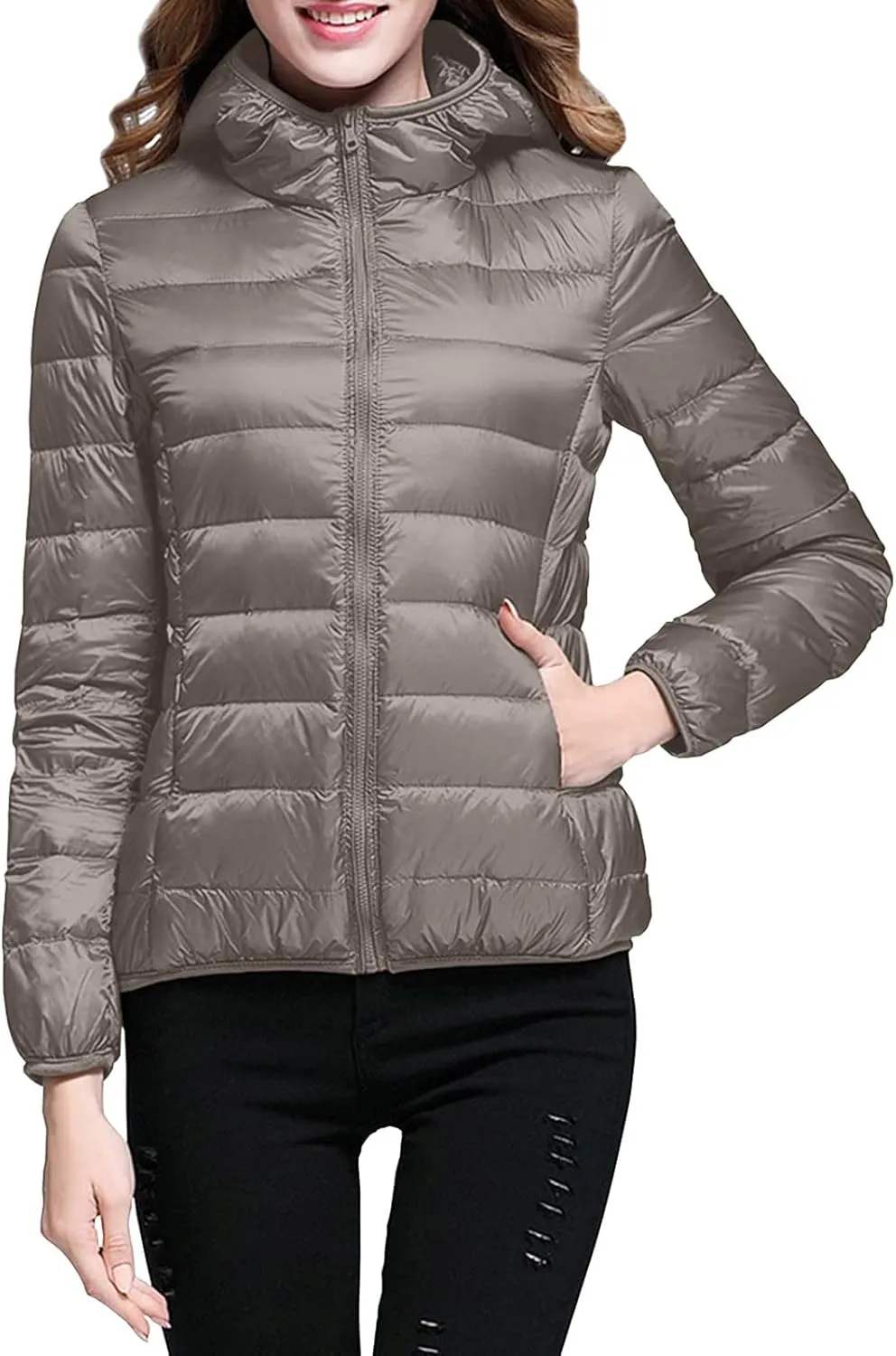 Womens Puffer Coat Winter Warm Packable Hooded Down Jacket Lightweight Slim Fit Hooded Outwear Short Duck Down Coat