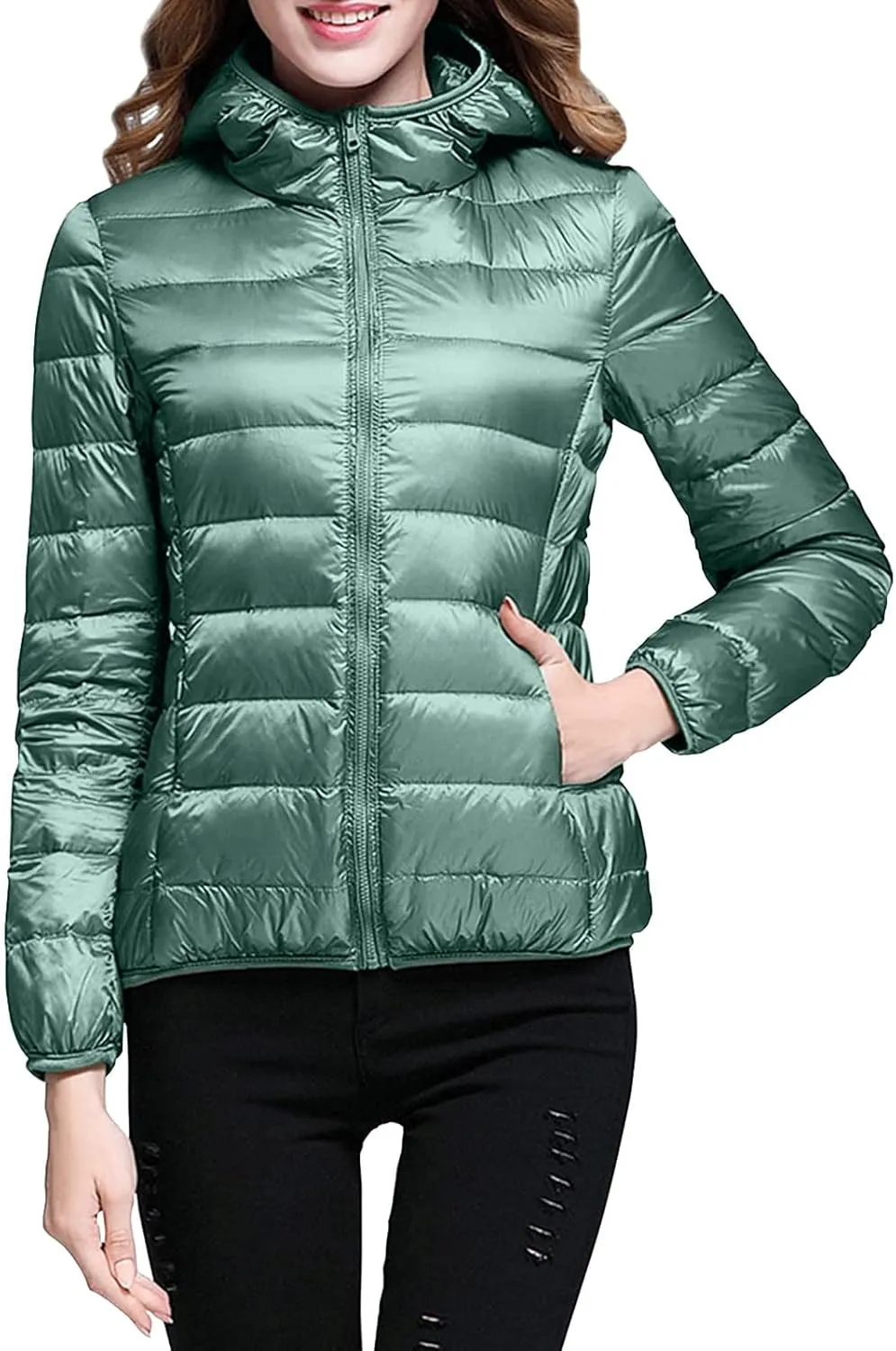 Womens Puffer Coat Winter Warm Packable Hooded Down Jacket Lightweight Slim Fit Hooded Outwear Short Duck Down Coat