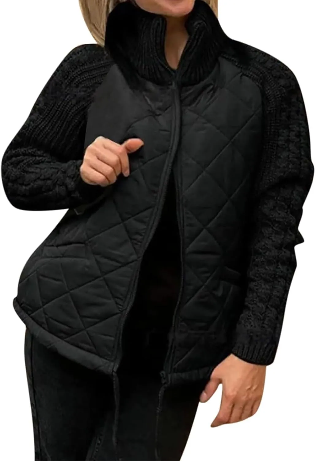Womens Puffer Jacket Lightweight Knit Patchwork Zip Up Long Sleeve Quilted Jackets Warm Winter Outerwear 2024