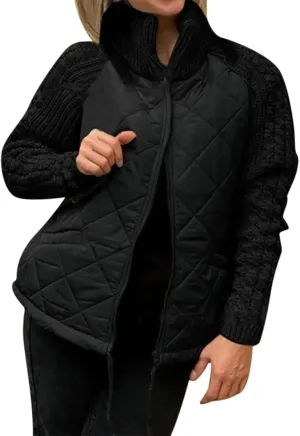 Womens Puffer Jacket Lightweight Knit Patchwork Zip Up Long Sleeve Quilted Jackets Warm Winter Outerwear 2024