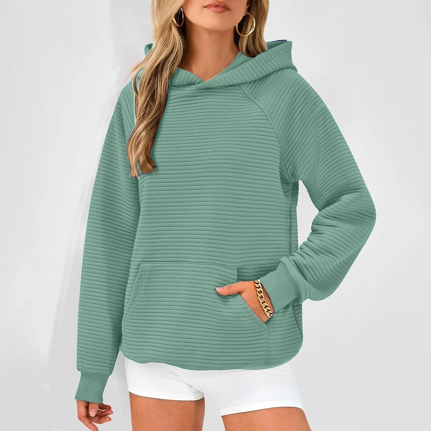 Womens Striped Texture Hoodies Fall Raglan Long Sleeve Dressy Sweatshirts Casual Loose Pullover with Kangaroo Pocket