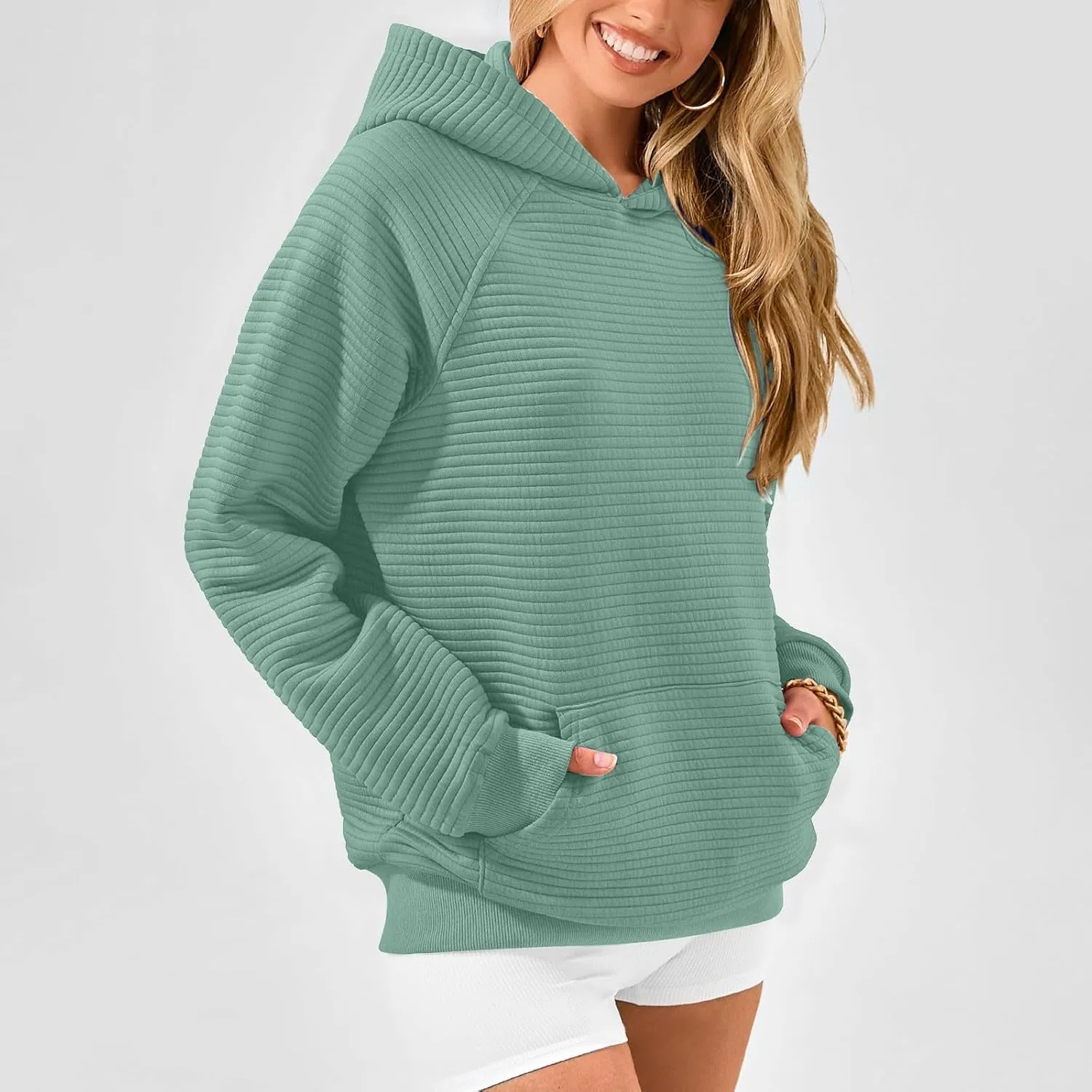 Womens Striped Texture Hoodies Fall Raglan Long Sleeve Dressy Sweatshirts Casual Loose Pullover with Kangaroo Pocket