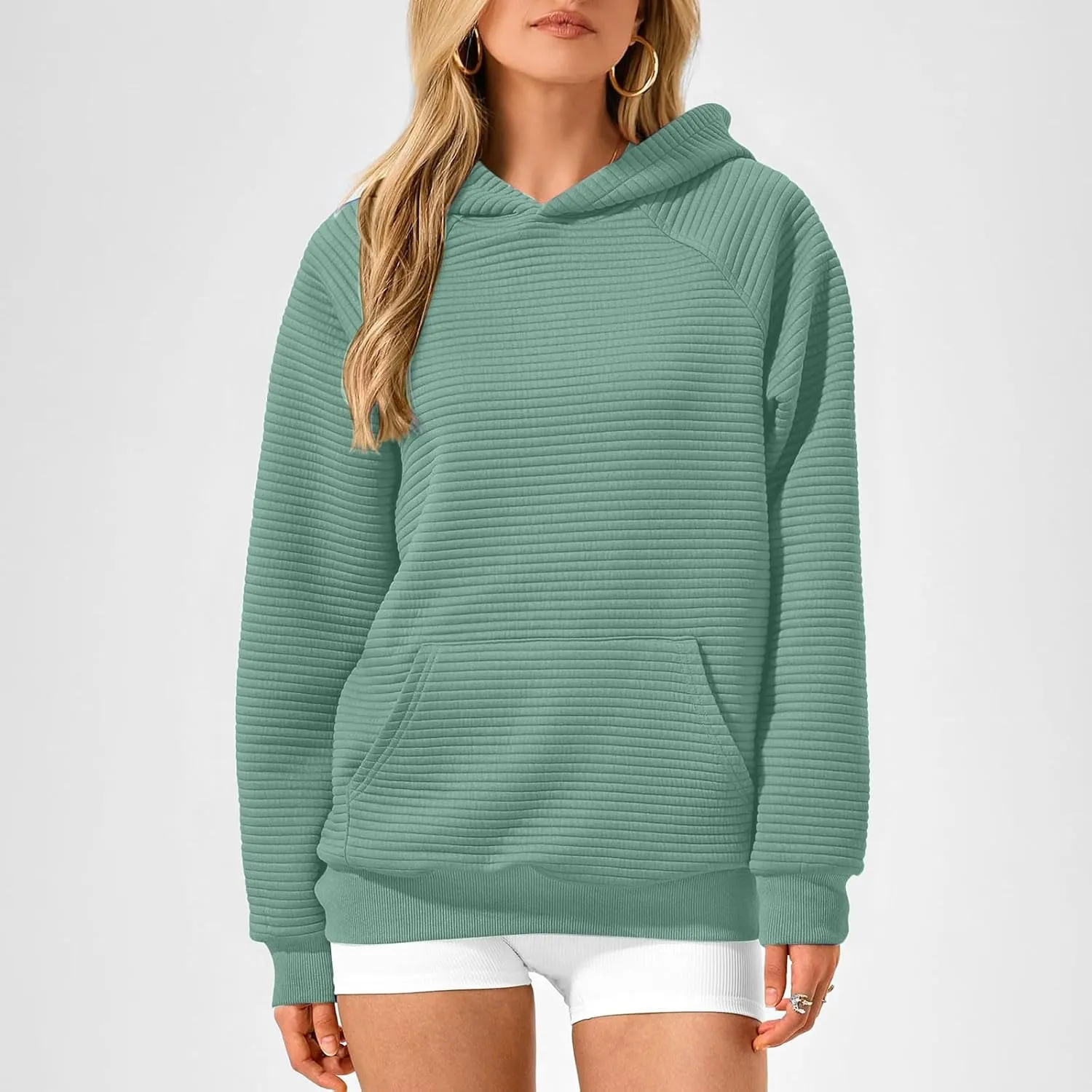 Womens Striped Texture Hoodies Fall Raglan Long Sleeve Dressy Sweatshirts Casual Loose Pullover with Kangaroo Pocket