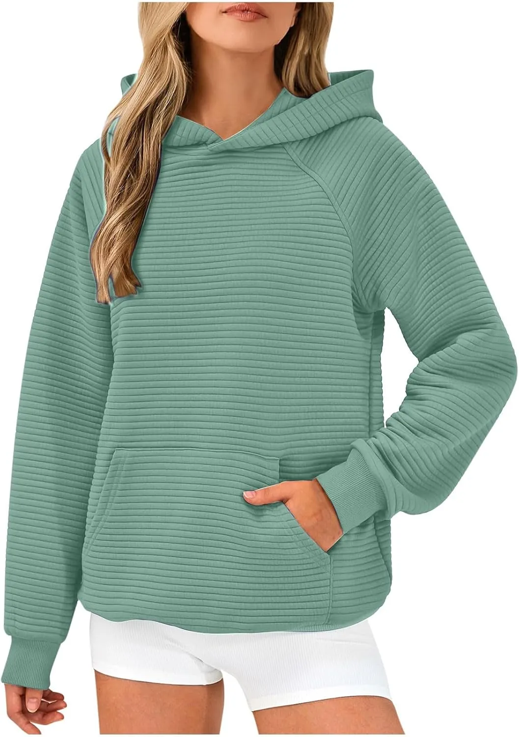 Womens Striped Texture Hoodies Fall Raglan Long Sleeve Dressy Sweatshirts Casual Loose Pullover with Kangaroo Pocket