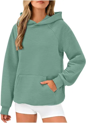Womens Striped Texture Hoodies Fall Raglan Long Sleeve Dressy Sweatshirts Casual Loose Pullover with Kangaroo Pocket