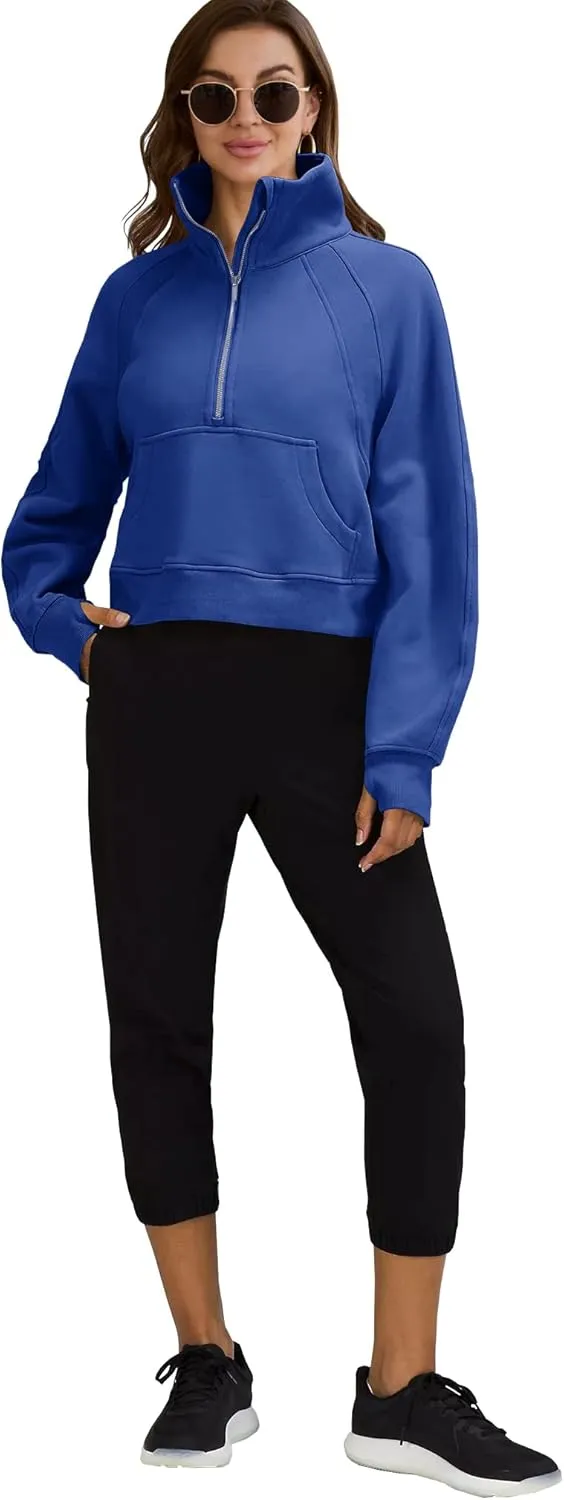 Women's Sweatshirts Fleece Lined Half Zipper Crop Pullover Tops Funnel Neck Long Sleeve Sweater Thumb Hole