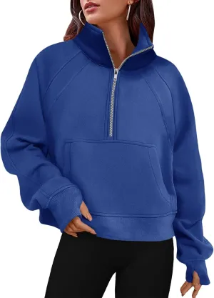 Women's Sweatshirts Fleece Lined Half Zipper Crop Pullover Tops Funnel Neck Long Sleeve Sweater Thumb Hole