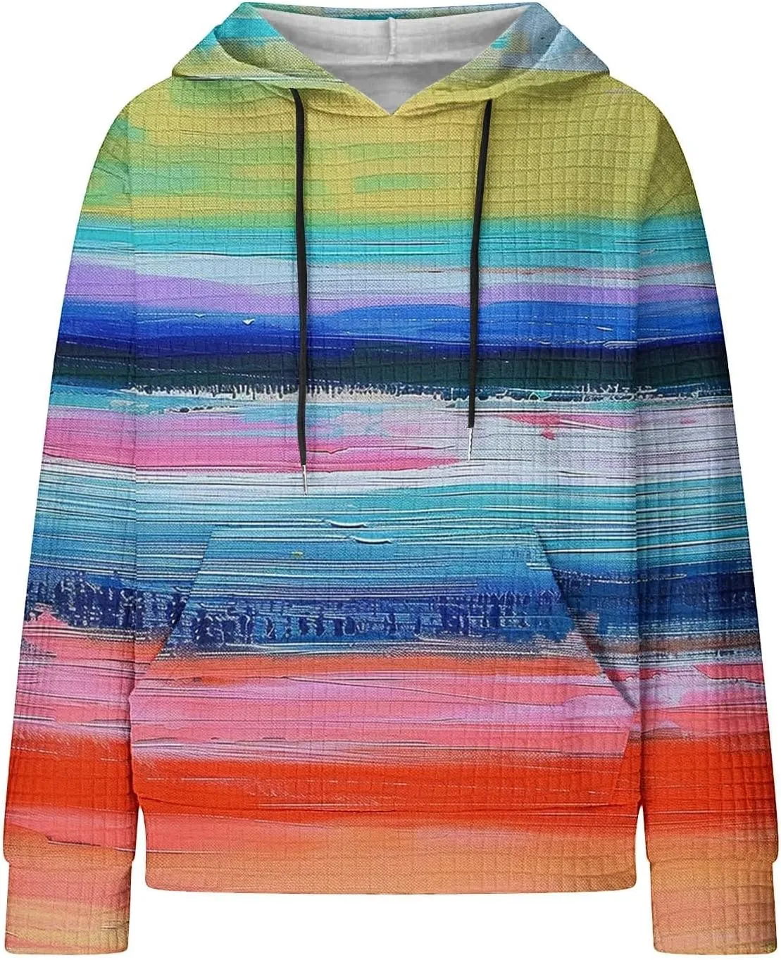 Womens Waffle Knit Hoodie Oversized Fashion Multicolored Sweatshirt Casual Drawstring Pullover Tops with Pockets