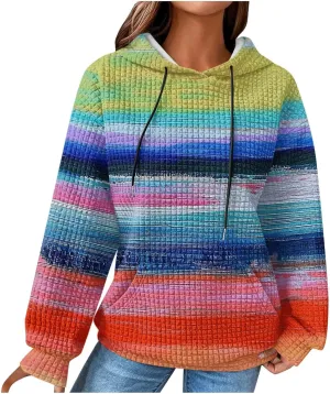 Womens Waffle Knit Hoodie Oversized Fashion Multicolored Sweatshirt Casual Drawstring Pullover Tops with Pockets
