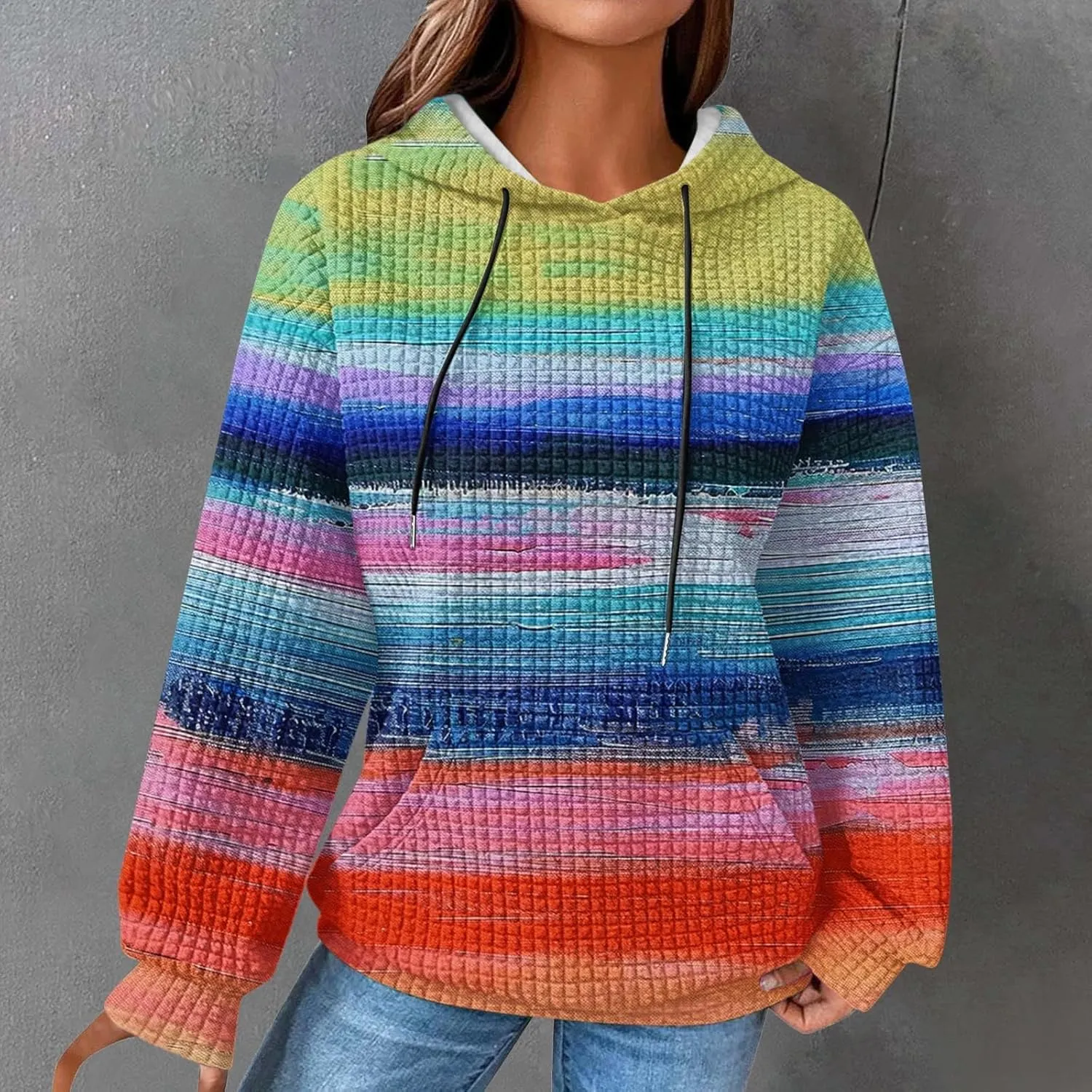 Womens Waffle Knit Hoodie Oversized Fashion Multicolored Sweatshirt Casual Drawstring Pullover Tops with Pockets