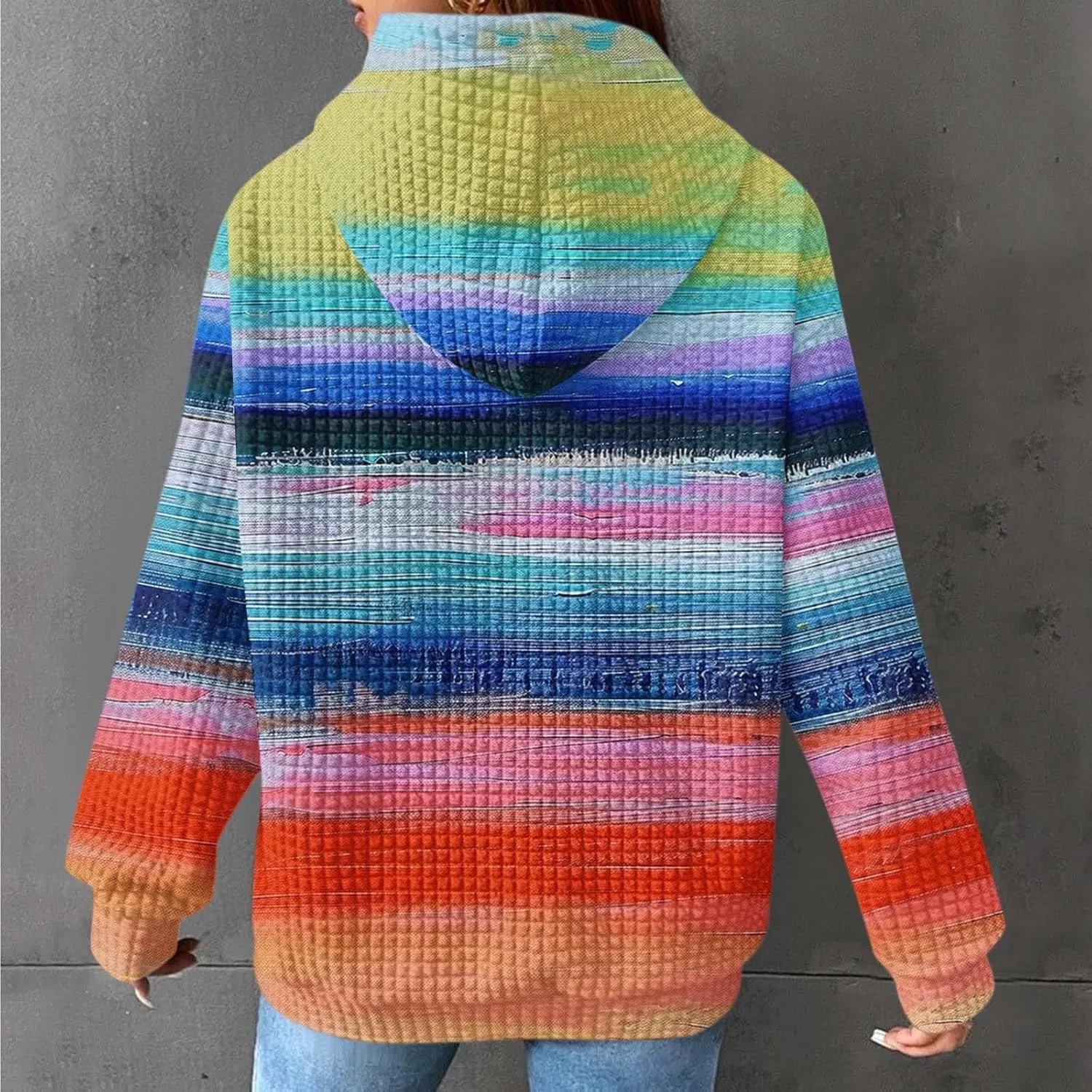 Womens Waffle Knit Hoodie Oversized Fashion Multicolored Sweatshirt Casual Drawstring Pullover Tops with Pockets