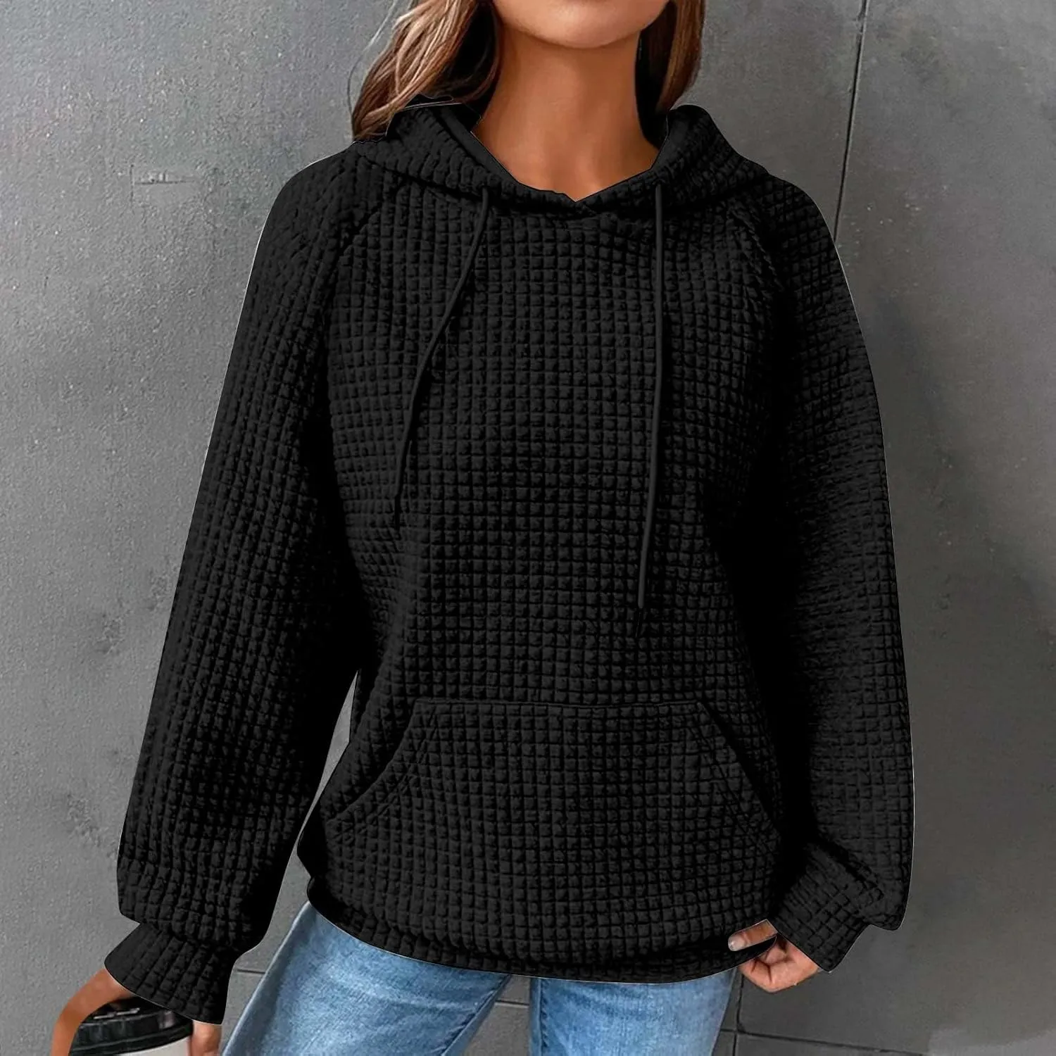 Womens Waffle Knit Trendy Sweatshirt Casual Comfort Hoodie Sweatshirts Drawstring Pullover Tops Preppy Clothes 2024