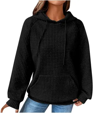 Womens Waffle Knit Trendy Sweatshirt Casual Comfort Hoodie Sweatshirts Drawstring Pullover Tops Preppy Clothes 2024