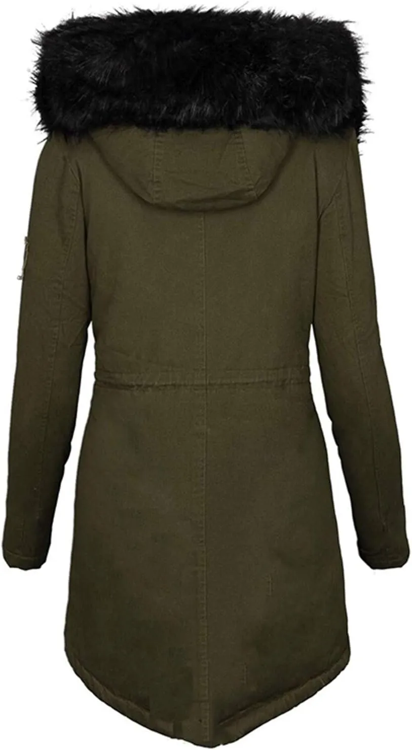 Women's Winter Coats Fleece Parkas Anoraks Hooded Military Puffer Jacket Coats Quilted Thicken Parka Jacket with Fur Trim