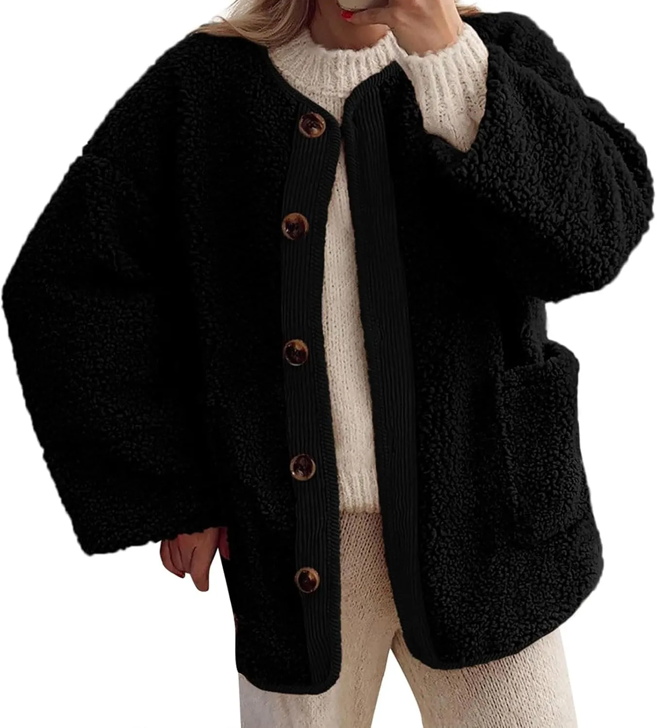 Womens Winter Jacket Stand-Collar Cotton Jacket Loose Pocket Cotton Jacket Warm Winter with 4 Pockets Long Coat