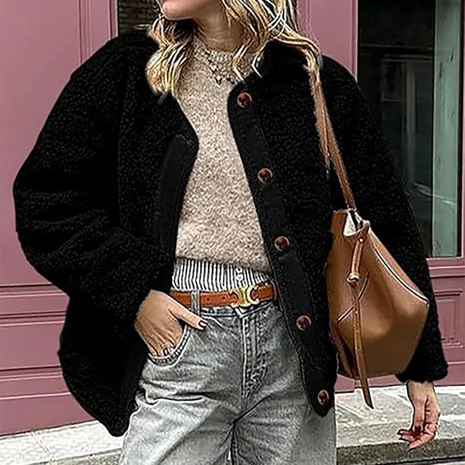 Womens Winter Jacket Stand-Collar Cotton Jacket Loose Pocket Cotton Jacket Warm Winter with 4 Pockets Long Coat