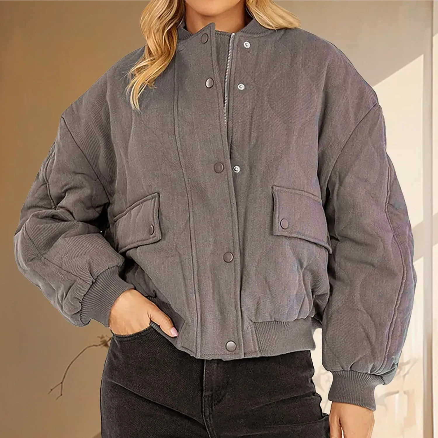Womens Winter Jacket Stand-Collar Cotton Jacket Loose Pocket Cotton Jacket Warm Winter with 4 Pockets Long Coat