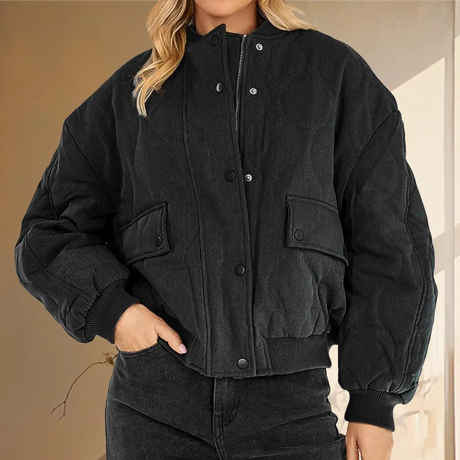 Womens Winter Jacket Stand-Collar Cotton Jacket Loose Pocket Cotton Jacket Warm Winter with 4 Pockets Long Coat