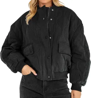 Womens Winter Jacket Stand-Collar Cotton Jacket Loose Pocket Cotton Jacket Warm Winter with 4 Pockets Long Coat