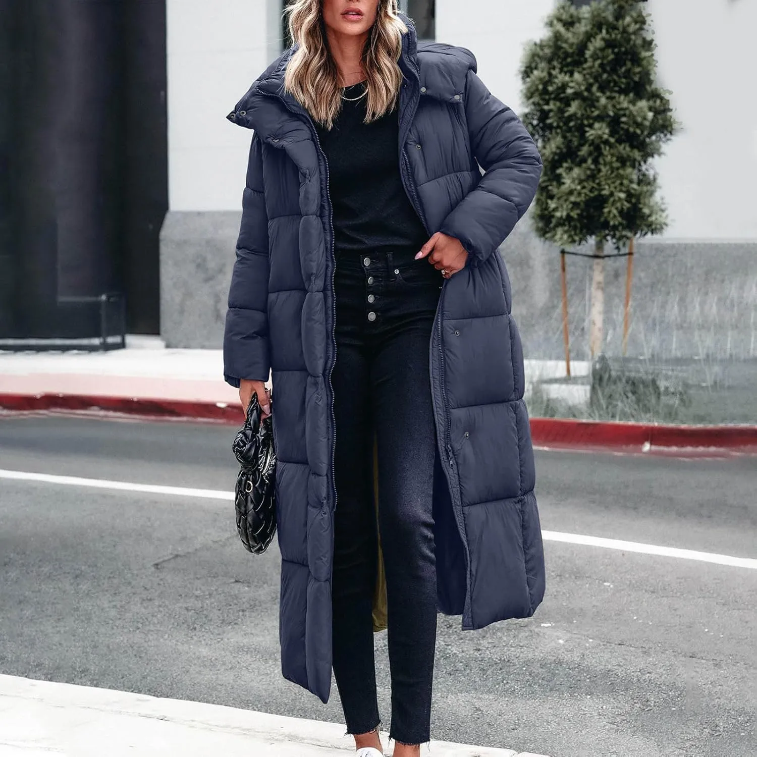 Women's Winter Long Puffer Coats Thicken Down Jackets Warm Padded Coat Zip up Quilted Jacket Casual Trendy Outerwear