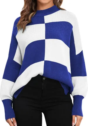 ZAFUL Womens 2024 Trendy Sweater Checkered Oversized Pullover Sweaters Side Slit Cozy Fall Winter Jumper Tops