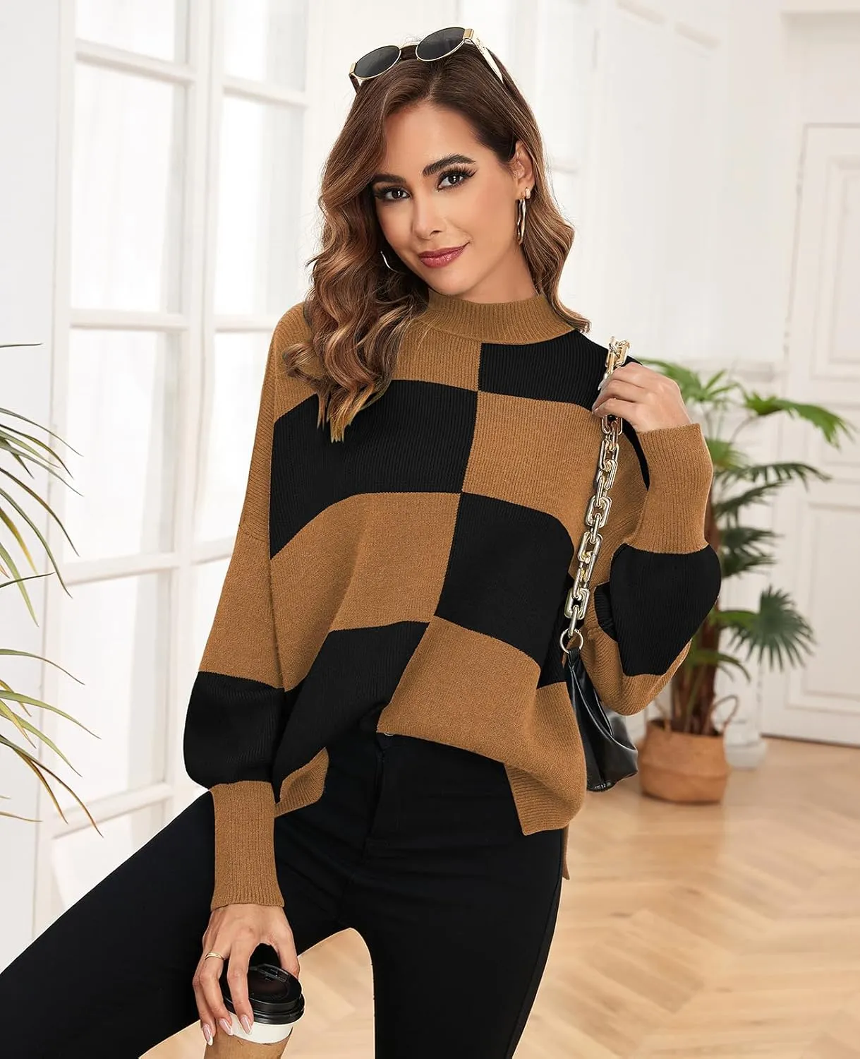 ZAFUL Womens 2024 Trendy Sweater Checkered Oversized Pullover Sweaters Side Slit Cozy Fall Winter Jumper Tops