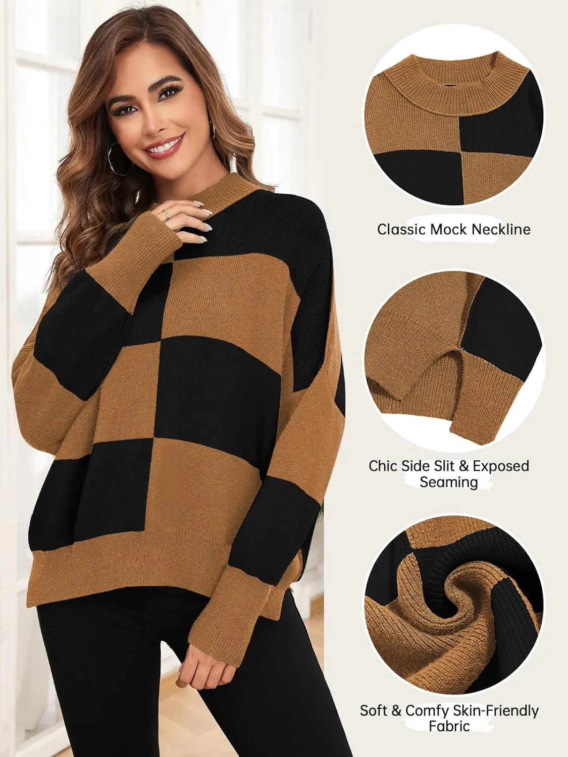 ZAFUL Womens 2024 Trendy Sweater Checkered Oversized Pullover Sweaters Side Slit Cozy Fall Winter Jumper Tops