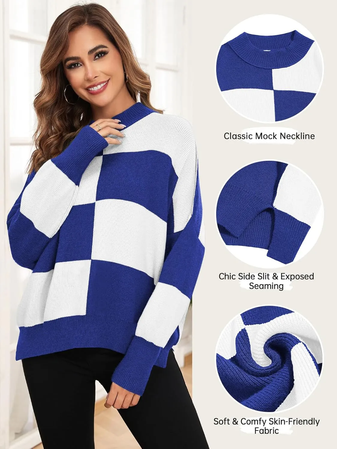 ZAFUL Womens 2024 Trendy Sweater Checkered Oversized Pullover Sweaters Side Slit Cozy Fall Winter Jumper Tops