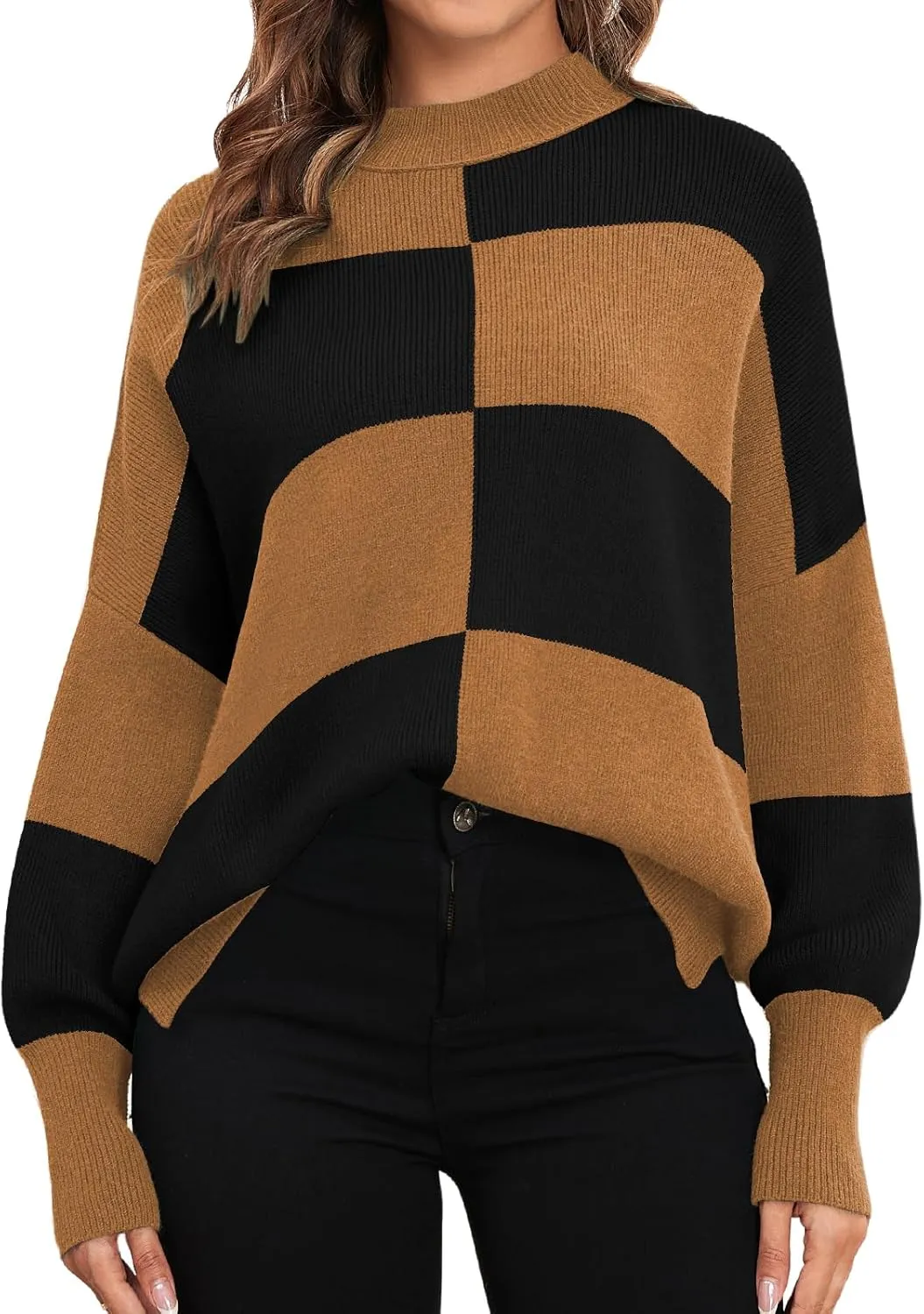 ZAFUL Womens 2024 Trendy Sweater Checkered Oversized Pullover Sweaters Side Slit Cozy Fall Winter Jumper Tops