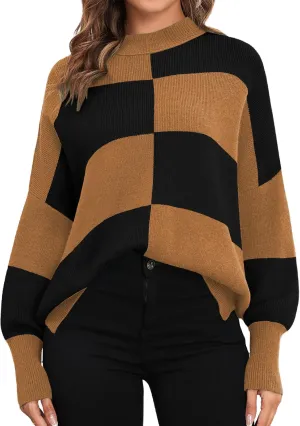 ZAFUL Womens 2024 Trendy Sweater Checkered Oversized Pullover Sweaters Side Slit Cozy Fall Winter Jumper Tops