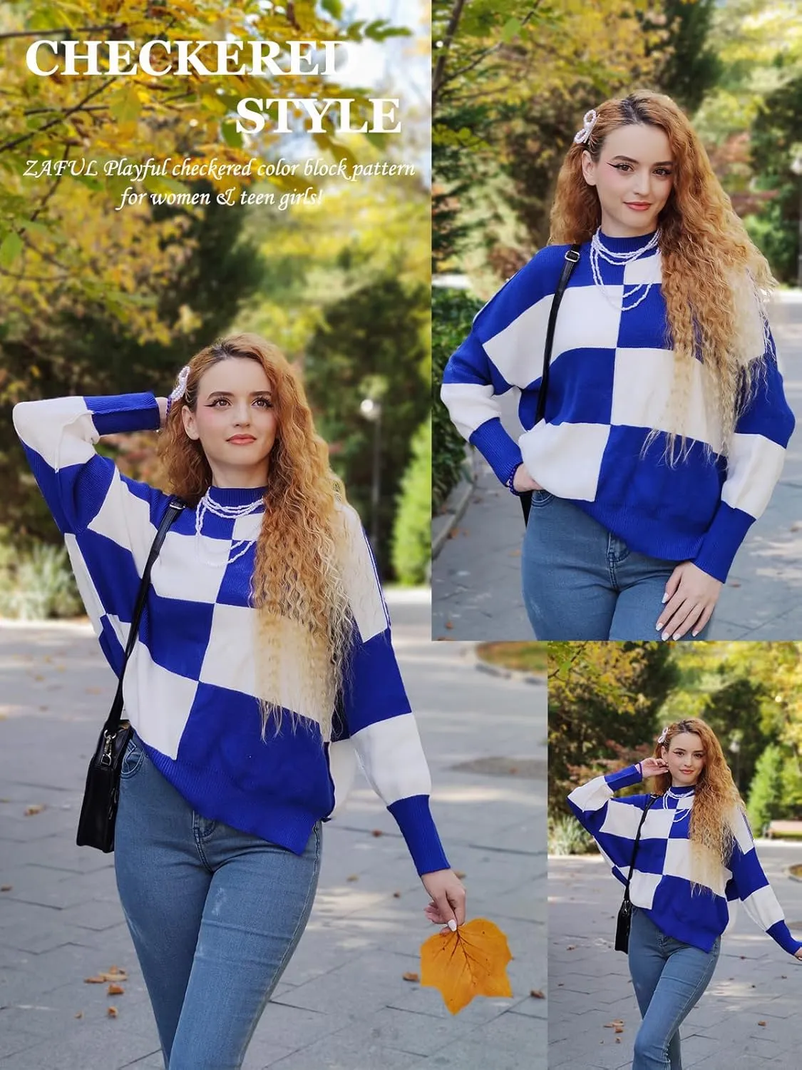 ZAFUL Womens 2024 Trendy Sweater Checkered Oversized Pullover Sweaters Side Slit Cozy Fall Winter Jumper Tops