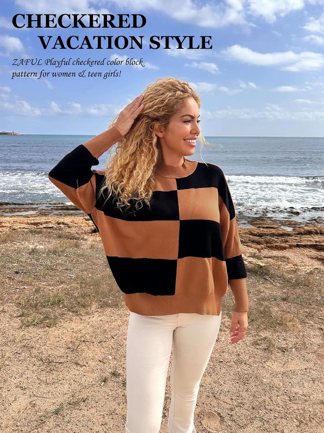 ZAFUL Womens 2024 Trendy Sweater Checkered Oversized Pullover Sweaters Side Slit Cozy Fall Winter Jumper Tops